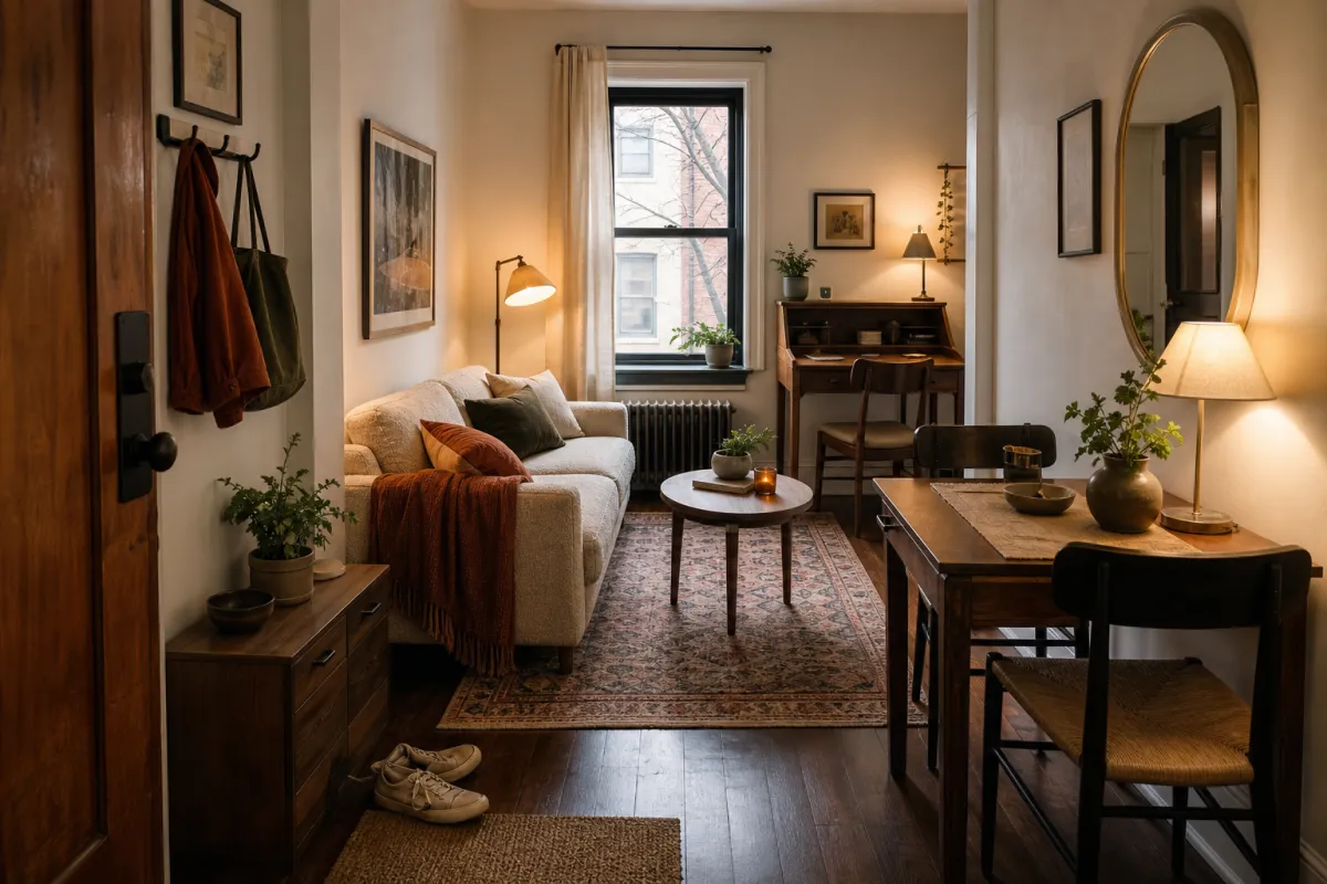 Cozy apartment living room arranged as an entry, seating area, dining corner, and home office