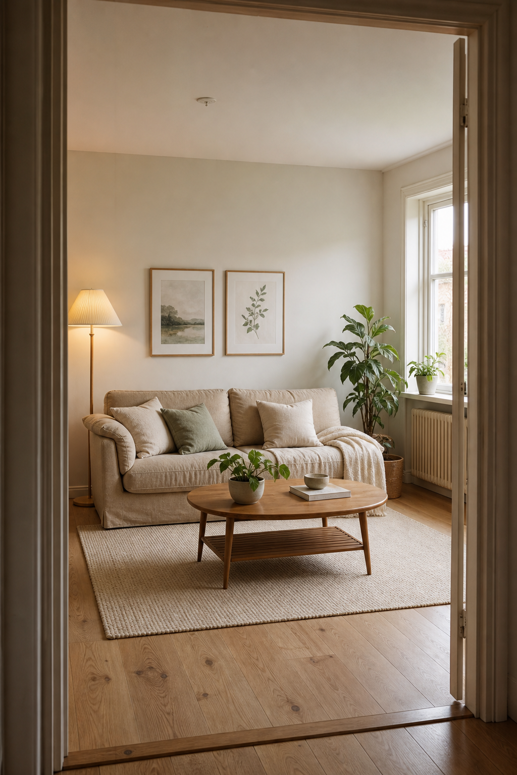 The same small living room after a Scandinavian Roomcast redesign