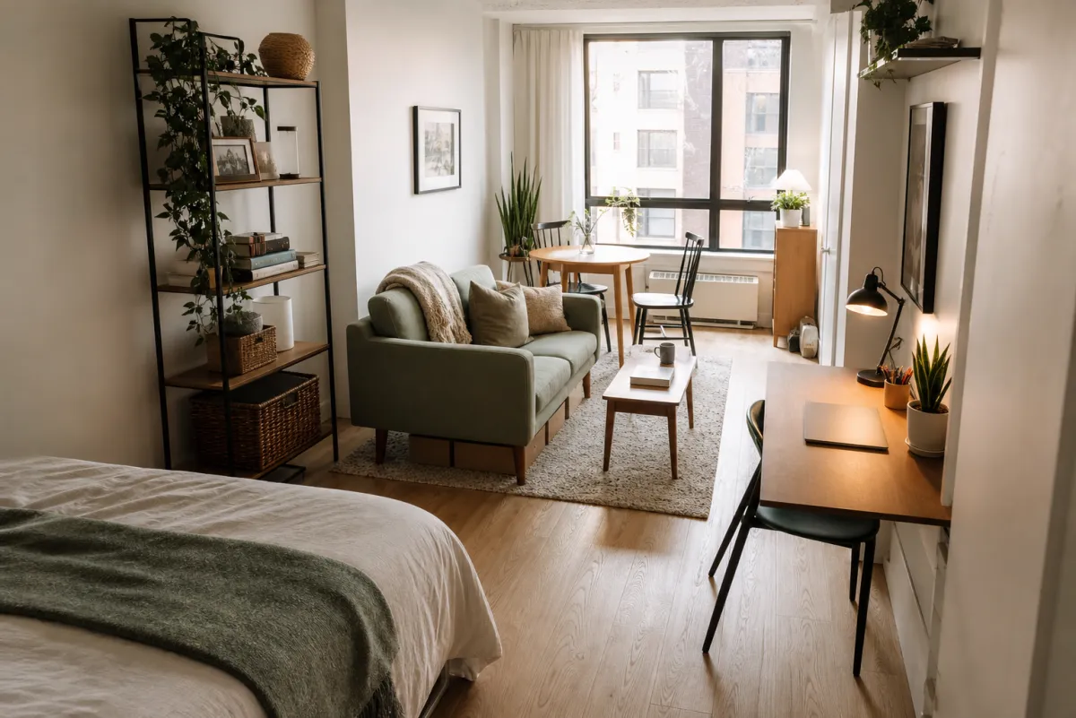 Small studio apartment with distinct living, dining, work, and storage zones