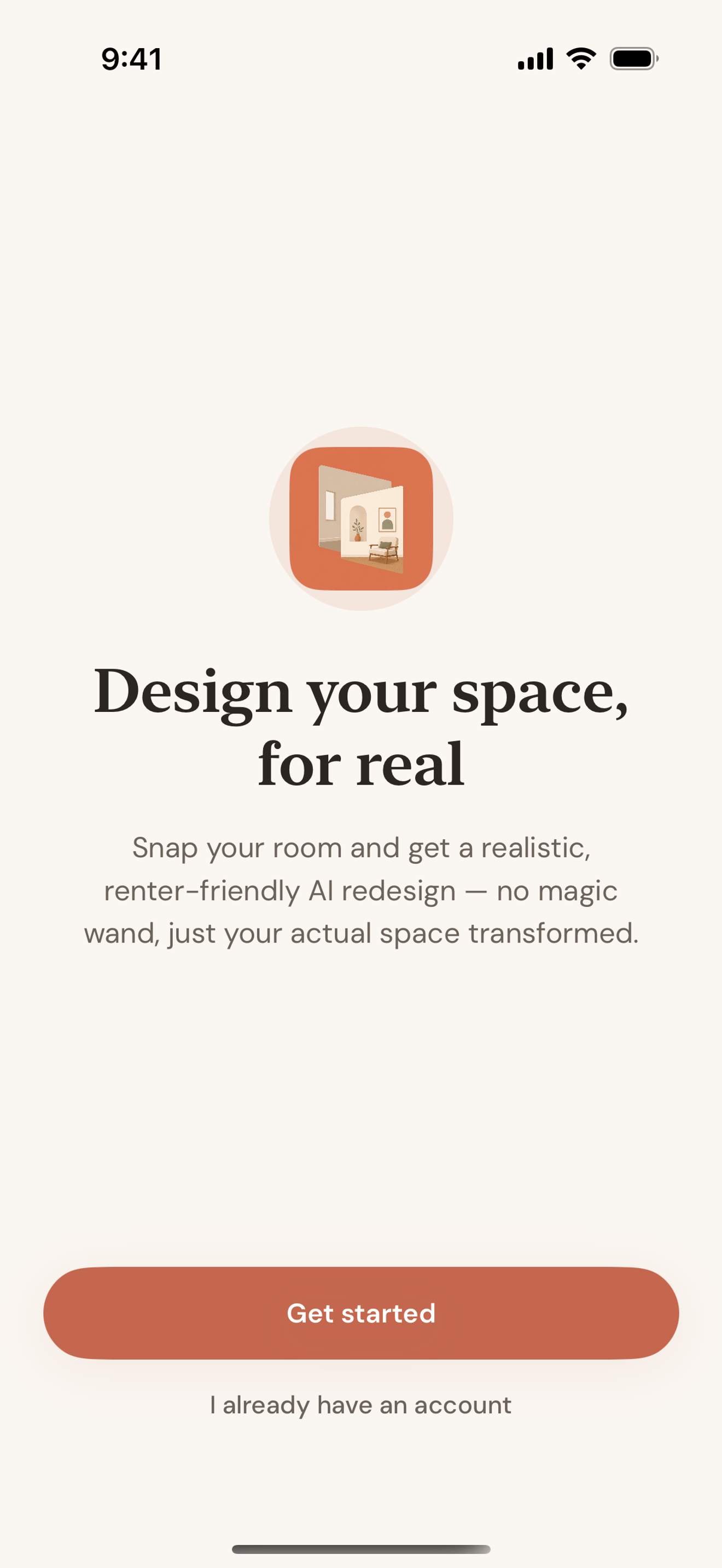 Roomcast welcome screen introducing photo-to-redesign room makeovers