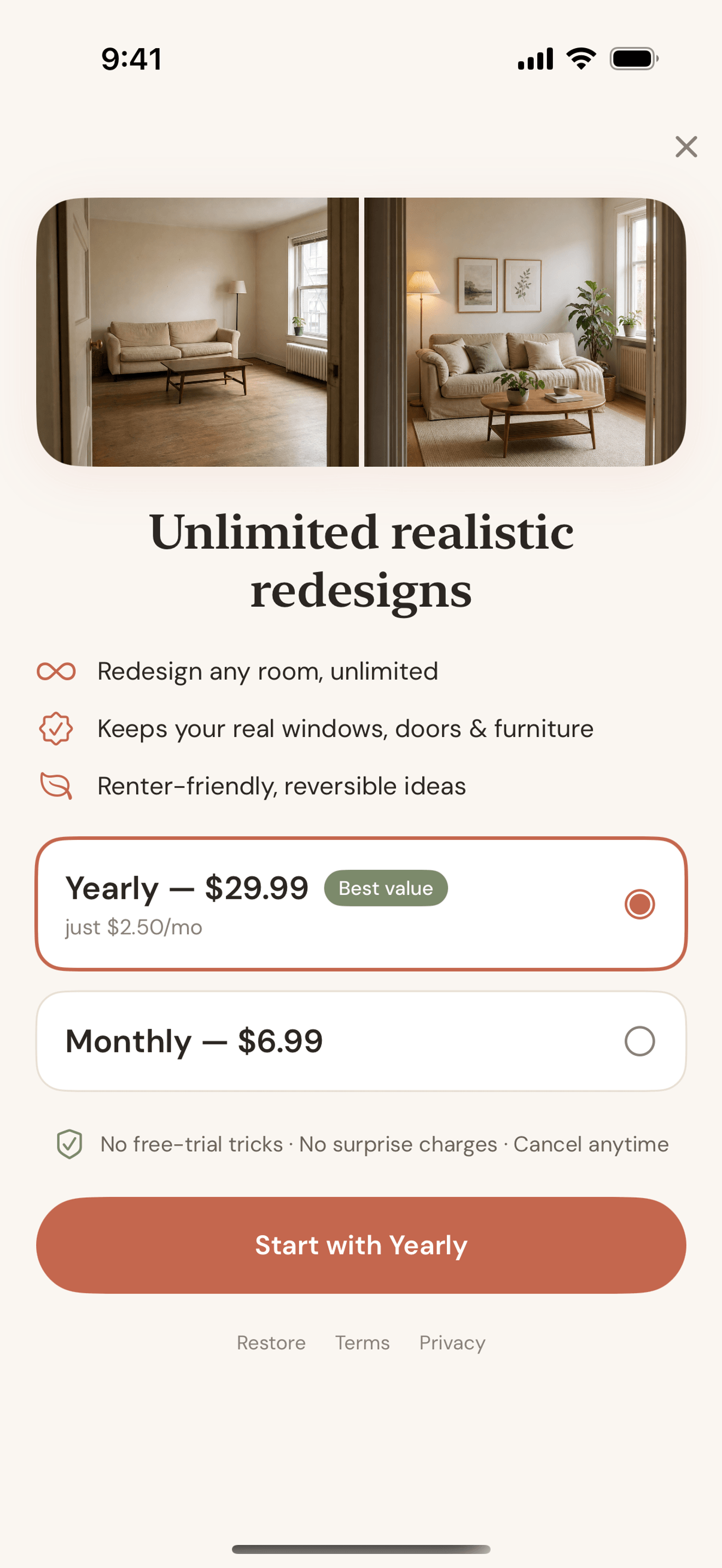 Roomcast Premium pricing screen showing monthly and yearly plans